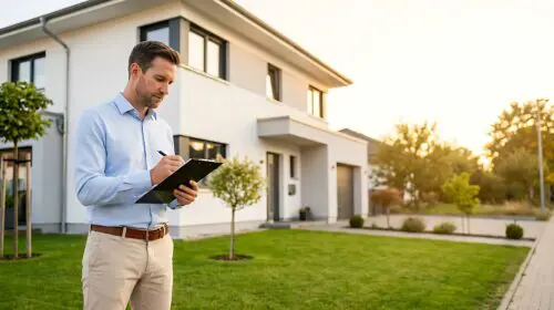Homeowner with a checklist in front of a house to be placed in a living trust
