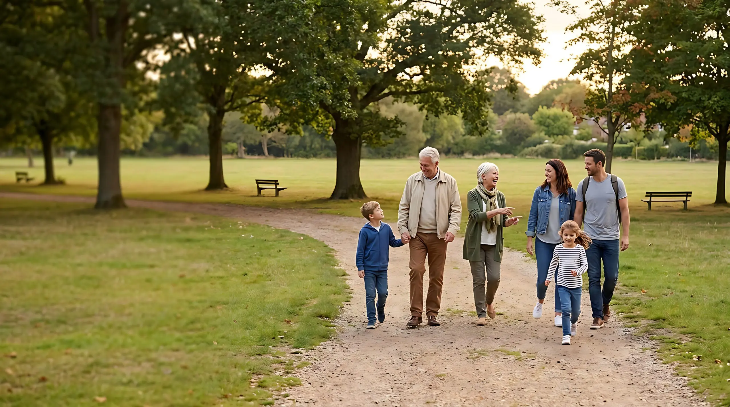 Multigenerational Family Walking Together in Park at Sunset