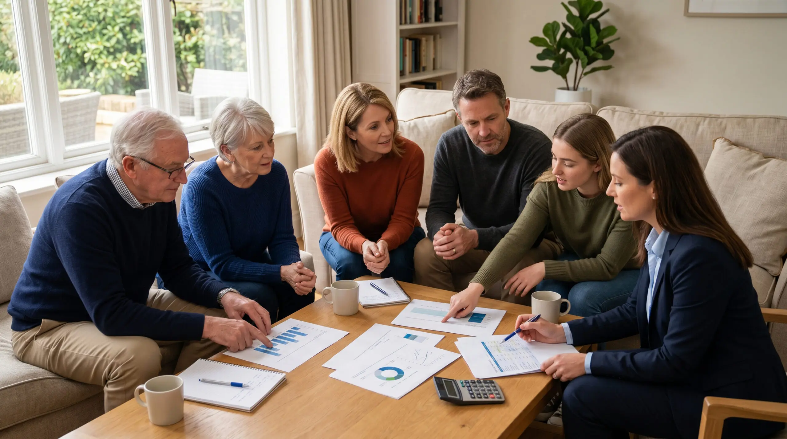 Three generations of a family talking through a living trust at the living room table